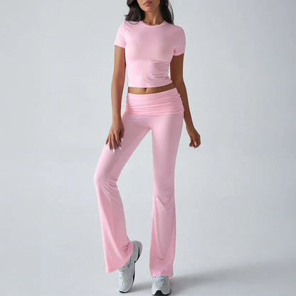 Women Casual Bodycon Two Pieces Set Short Sleeve Crop Top Slim High Waist Running Tracksuit Suit Summer Pants Outfit 2PCS