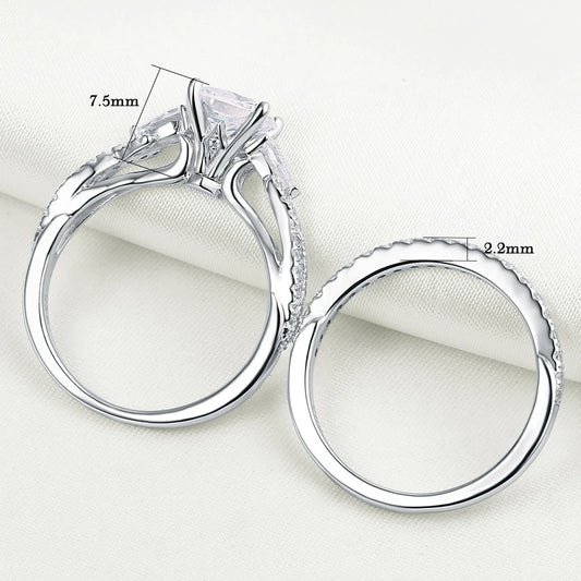 Newshe 2 Pcs Wedding Ring Set 925 Sterling Silver Moissanite Certified Princess Pear Cut Engagement Rings for Women Fine Jewelry