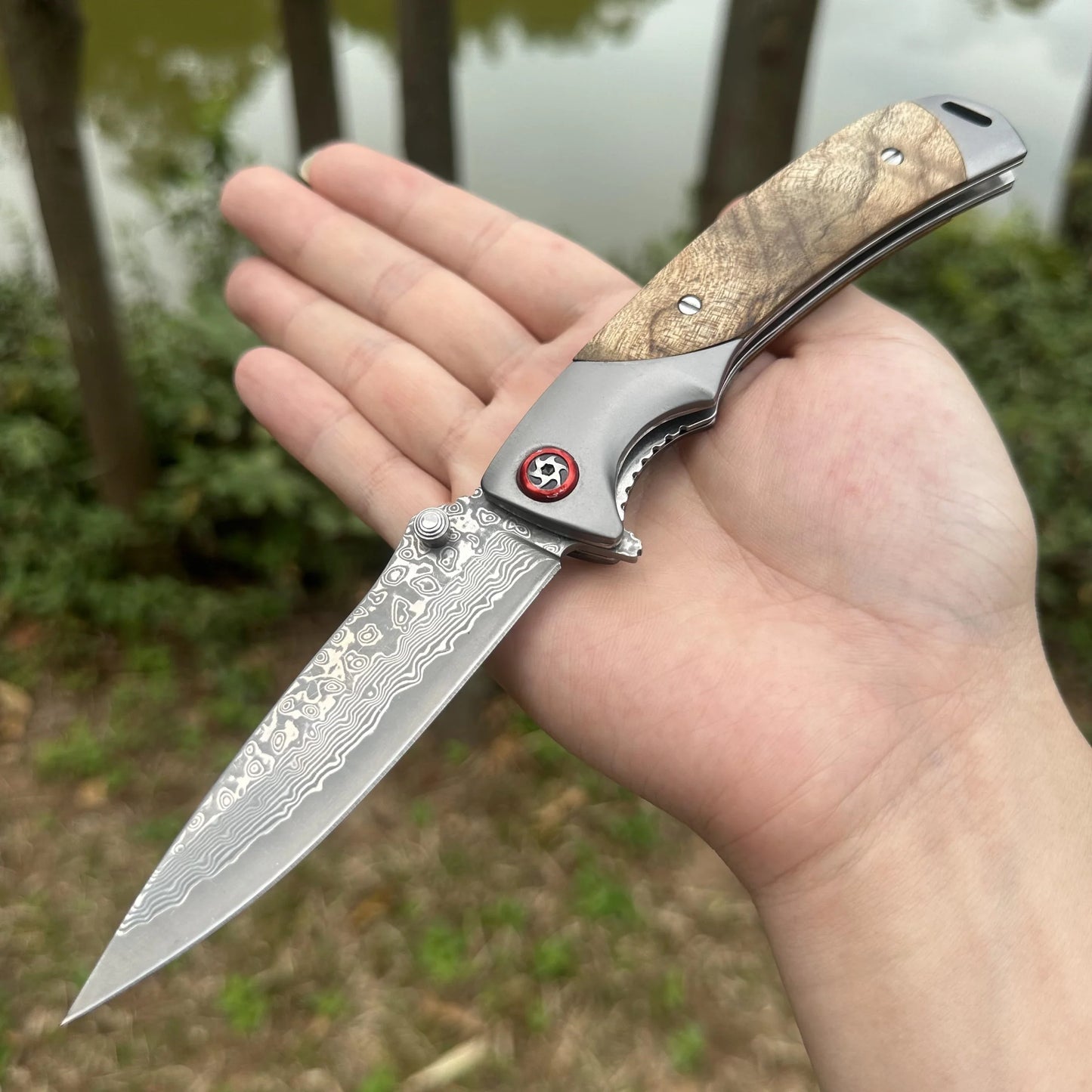 Topwell Handmade YH003 EDC Folding Knife Perfect Quality Damascus Steel Blade Rosewood Handle Kraft First layer Leather Sheath