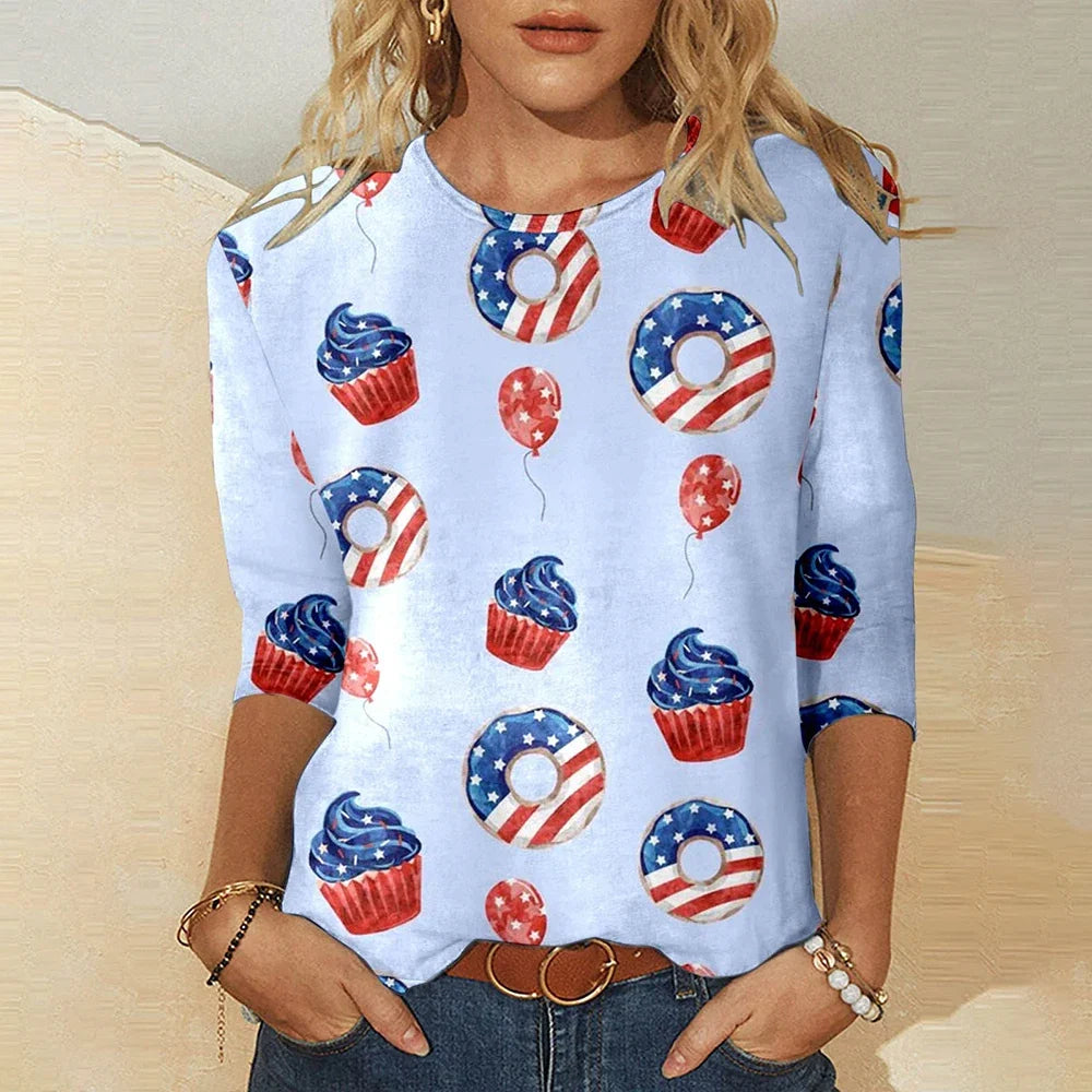 2024 New Women's American Flag Pattern Long Sleeve T-Shirt Designer Trendy Clothing Casual Pullover Round Neck Fashion T-Shirt