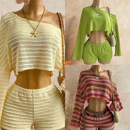 Boho Asymmetrical Off Shoulder Striped Knit Two Piece Set Women Long