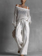 Vintage Women 2 Piece Outfit Off Shoulder Hollow Out Knit Sweater Top Elastic Drawstring Wide Leg Long Pants Casual Matching Set