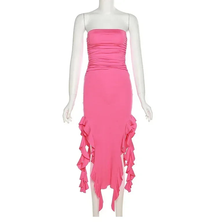 Cryptographic Irregular Ruffle Off Shoulder Sexy Backless Midi Dress for Women Elegant Birthday Vestido Summer Sundresses Ruched