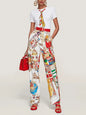 Spring Urban Patterns Printing Trousers Suit Women Round-neck Short Sleeve Tops+high Waist Straight Pants Autumn Two Piece Set