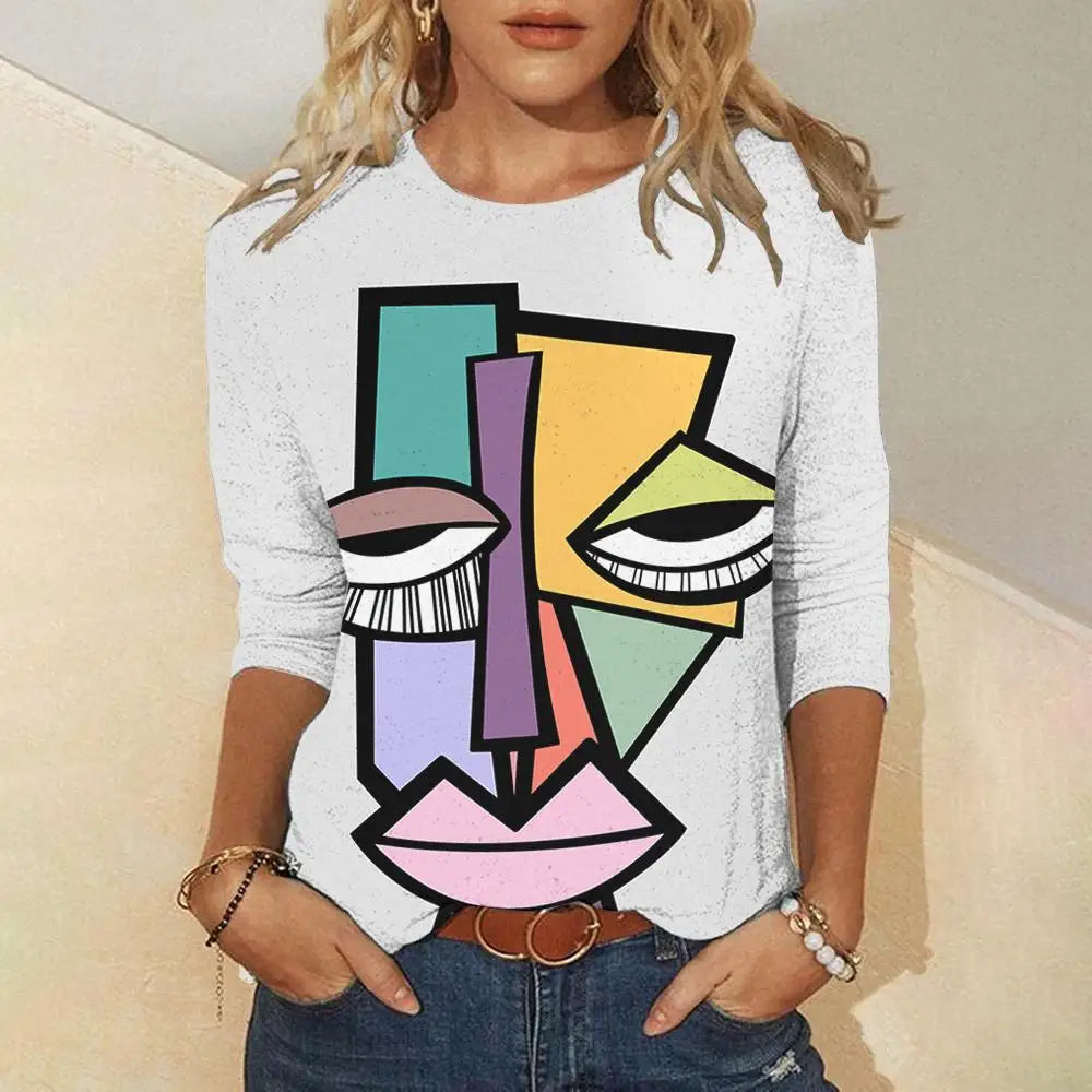 Abstract Art Face Painting Autumn Women's Round Neck Long Sleeve T-shirt Trend Loose Round Neck Long Sleeve T-shirt
