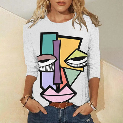 Abstract Art Face Painting Autumn Women's Round Neck Long Sleeve T-shirt Trend Loose Round Neck Long Sleeve T-shirt