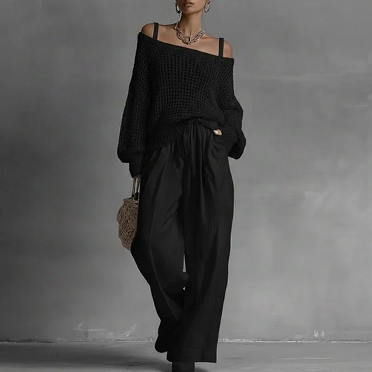 Off Shoulder Hollow Knit Womens 2 Piece Set Long Sleeve High Waist Wide Leg Pants Outfit Casual Loose Summer Beach Vacation Suit
