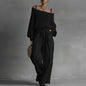Off Shoulder Hollow Knit Womens 2 Piece Set Long Sleeve High Waist Wide Leg Pants Outfit Casual Loose Summer Beach Vacation Suit