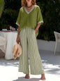 Two Pieces Women Pant Sets Striped Matching Set Short Sleeves V Neck Top Elastic Waist Wide Leg Pants Loose Casual 2026 Summer