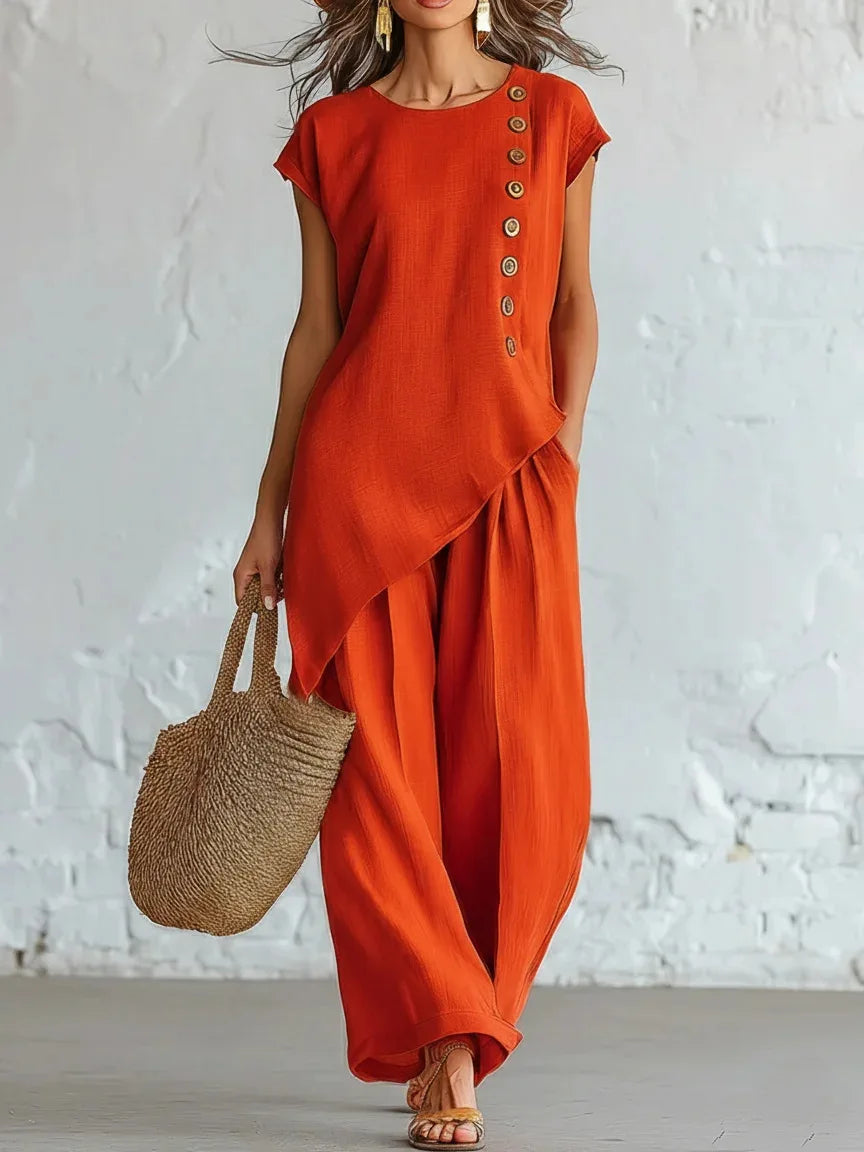 Women 2 Piece Set Elastic Waist Pocket Button Decorate Wide Leg