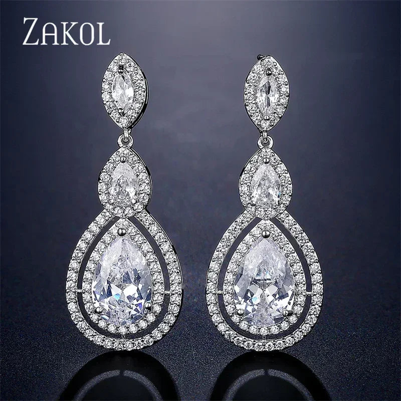 ZAKOL Luxury Water Drop Cubic Zircon Long Dangle Earrings for Women Bridal Wedding Jewelry Dress EP2114