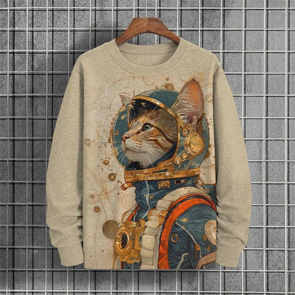 Japanese Pattern Sweatshirts For Men Space Cat 3D Printed Pullover Autumn Oversized O-Neck Hoodies Long Sleeves Clothing Tops