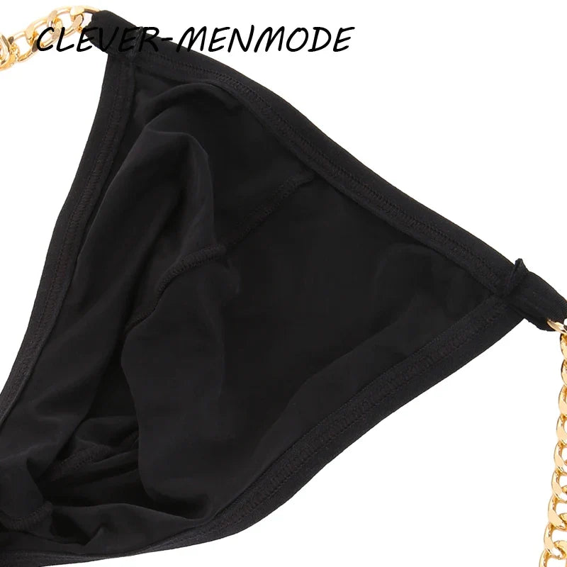 Men's Sexy Ultra Thin Low Rise High Slit Thong Metal Chain Low Rise G String Briefs Exotic Mini Micro Panties 18+ Adult Lingerie