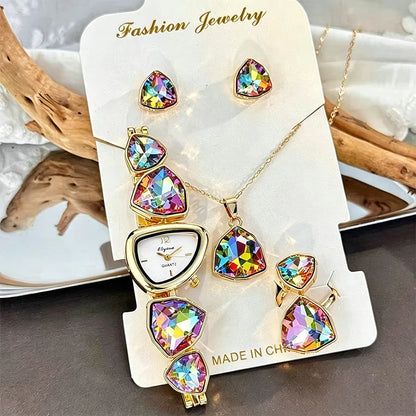 5pcs Luxury Women's Quartz Watch Jewelry Set Fashion Colorful Diamond Women Watches Necklace Ring Earrings Accessories Gifts Set