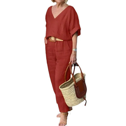 2 Piece Sets Women Outfit Women Suits Gray V-Neck Short Sleeve Tops