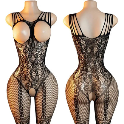 Sexy Big Loophole Open Bra BodySuits Erotic Crotchless Lingerie Women Fishnet Hollow Exposed Breast Adult Plus Size Underwear