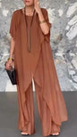 Women Summer Chiffon Pant Sets Short Sleeve Solid Irregular Splicing Long Blouse Wide-leg Pants Casual Loose Trousers Suits Robe