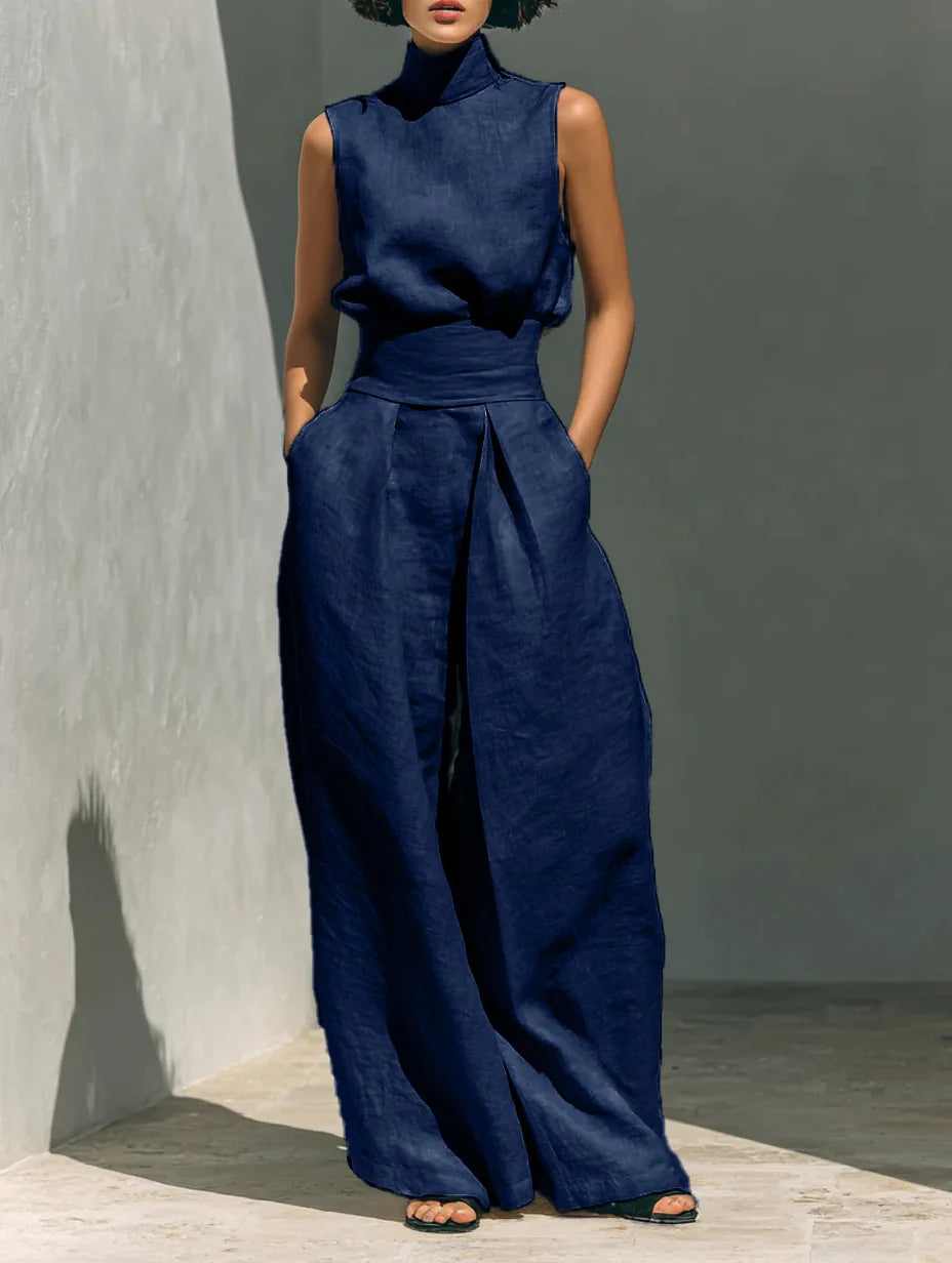 Casual Solid Cotton Linen Two-Piece Set for Women Sleeveless