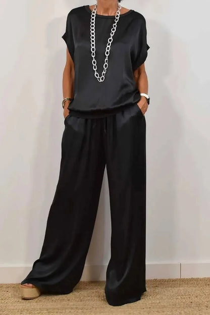 Summer Satin Two Piece Sets For Women V Neck Bat Sleeve Top Casual Loose Lace Up Wide-leg Pants 2 Piece Suit Female Home Outfits