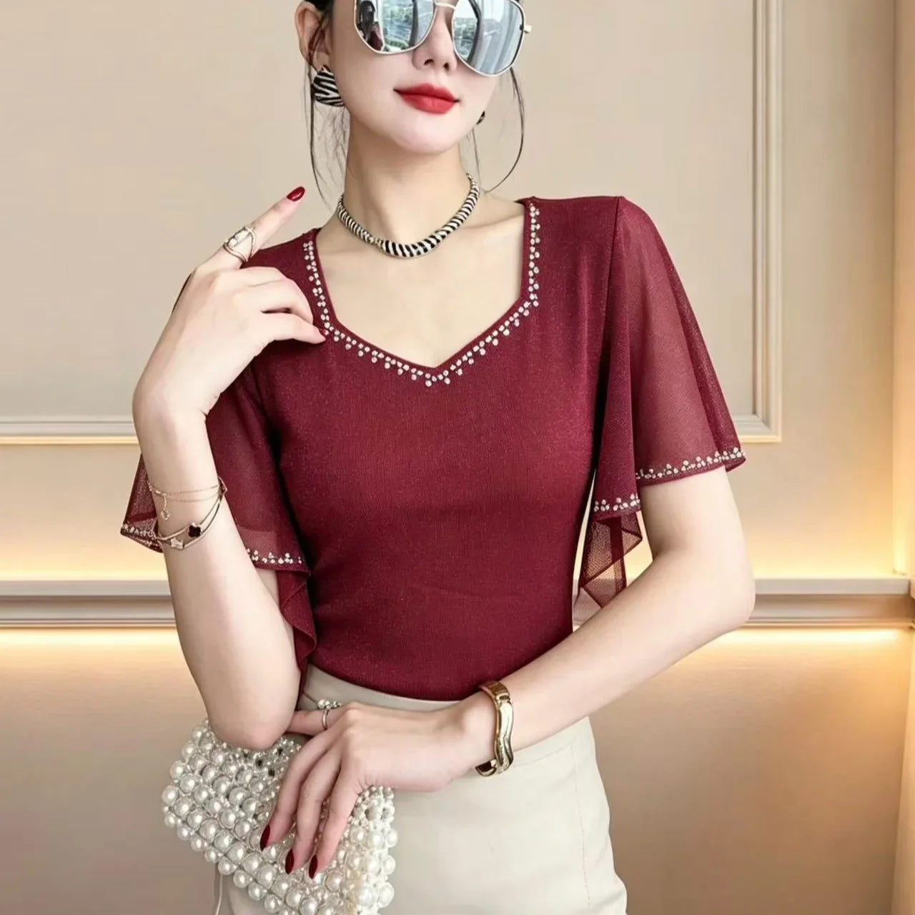 Summer New Diamond Shirt Short Sleeved Mesh Tops Slim Korean Fashion