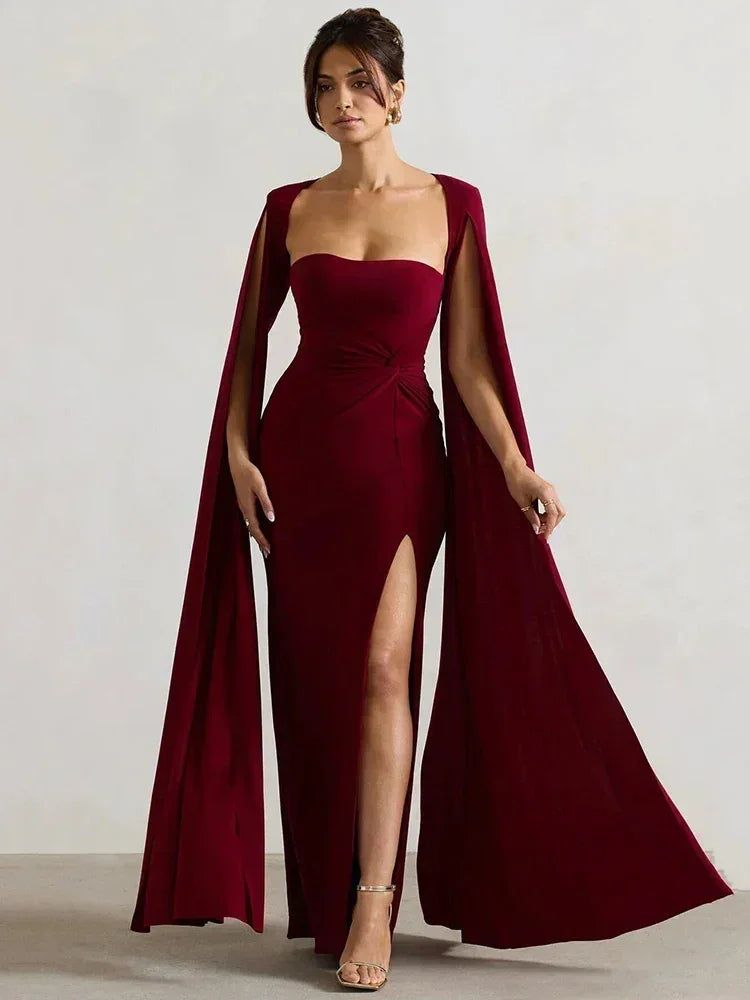 Mozision Long Cape Sleeve Split Maxi Dress For Women Gown Fashion Solid Square Collar Evening Sexy Long Dress Elegant New