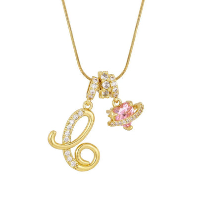 Fashion Letter Necklace for Women Pink Zircon Heart-shaped Pendant Suitable for Girls to Wear Personalized Gold-plated Jewelry
