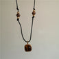 Vintage Leather Brown Stone Sun Pendant Beaded Choker Clavicle Chain Necklace For Women Unique Y2K Personalized Grunge Jewelry