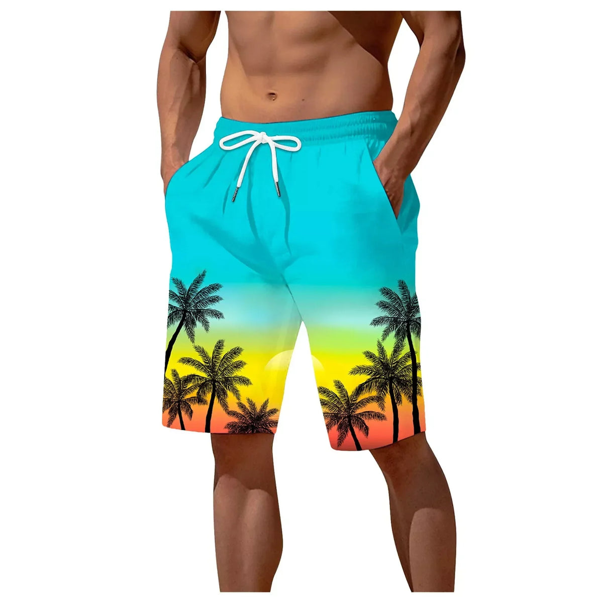 Men's Palm Tree Gradient Pattern Fashion Shorts Boys Summer Cool Hawaii 3D Printed Casual Swim Trunks Quick Dry Surfboard Shorts