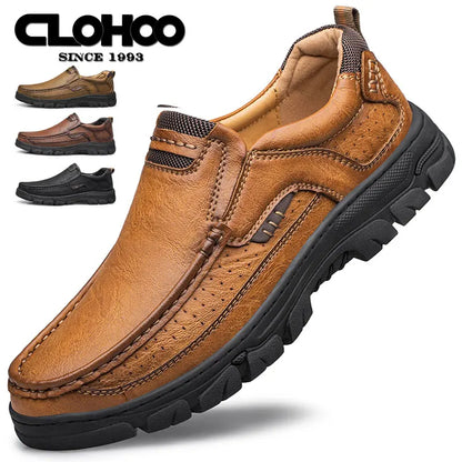 CLOHOOMen's Casual Loafers Handmade Breathable Leather Shoes with Thick Rubber Sole Comfortable Footwear Classic Hand Sewn Seams