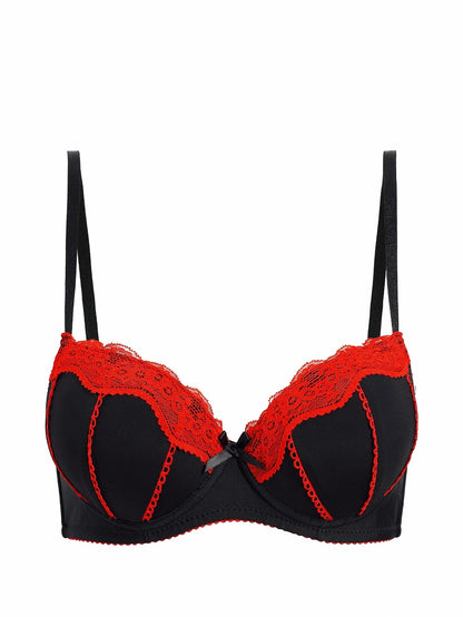 Women's Sexy Contrast Color Lace Push Up Bra Underwire Adjustable Straps Red Lace Trim Comfortable Lingerie