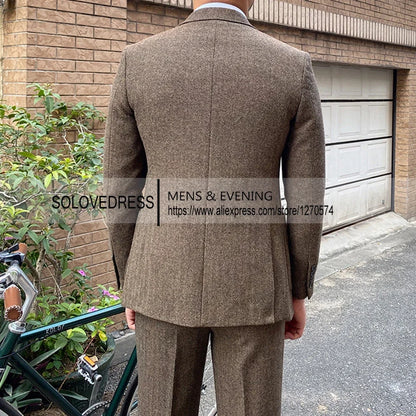 3 Pieces Men's Suits Tweed Herringbone Slim Fit Business Cauasl