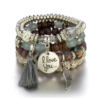 4Pcs Bohemian Women Pink Tassel Bracelet Set For Female I Love You Feather Round Charm Beads Chain Bangle Fashion Party Jewelry