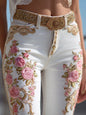 Women's Fashion Floral Jeans Straight Leg Denim Pants European American Style