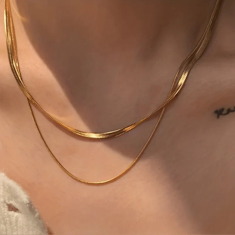 2-Piece Set of Snake Bone Chains, Simple and Stylish Casual 304L Stainless Steel Double-Layered Necklaces, Unisex, Fashionable and Elegant, Comfortable and Versatile