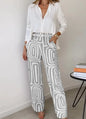 Elegant Office Lady Casual Suit Fashion Solid Long Sleeve Lapel Shirt Elastic Waist Print Trousers Two Piece Set 2024 Autumn New