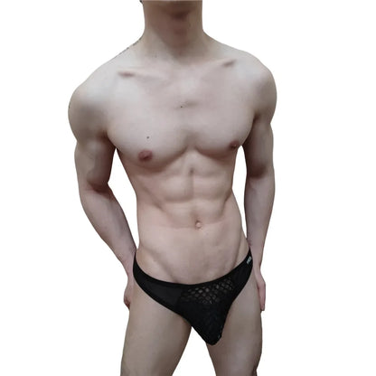 Mens Slip Bikini Jockstrap Briefs Mens Panties Sexy Fishnets Hole Transparent Mesh Ice Silk Men Underwear Sissy Men Underpants