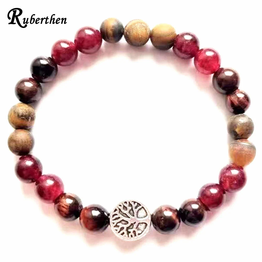Ruberthen 6 MM Red Tiger Eye Red Agate Matte Beads Bracelet Womens Mix Gemstone Tree Of Life Charm Handmade Jewelry