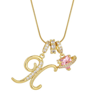 Fashion Letter Necklace for Women Pink Zircon Heart-shaped Pendant Suitable for Girls to Wear Personalized Gold-plated Jewelry