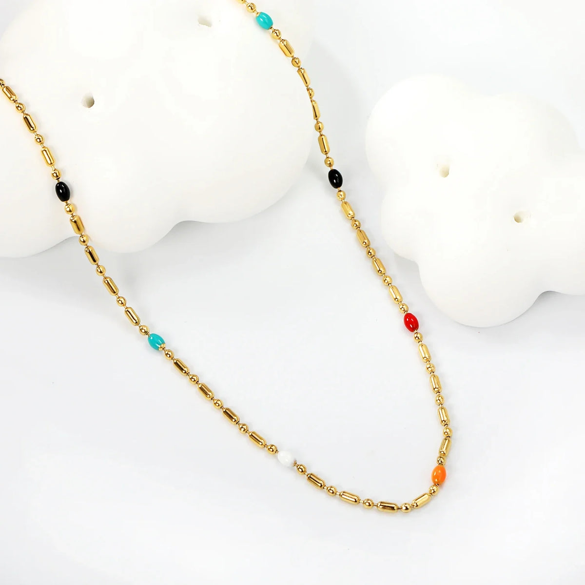 LUXUKISSKIDS Sweet Multicolor Drip-Oil Beads Necklace Women's Bohemia Stylish Clavicle Choker Simple Chain Collier Steel Jewelry