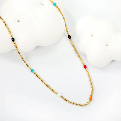 LUXUKISSKIDS Sweet Multicolor Drip-Oil Beads Necklace Women's Bohemia Stylish Clavicle Choker Simple Chain Collier Steel Jewelry
