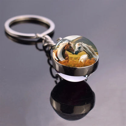 Horse Pattern Keychains White Brown Horse Racing Double Sided Glass Ball Pendant Key Chain Fashion Animal Jewelry Keyring Gift