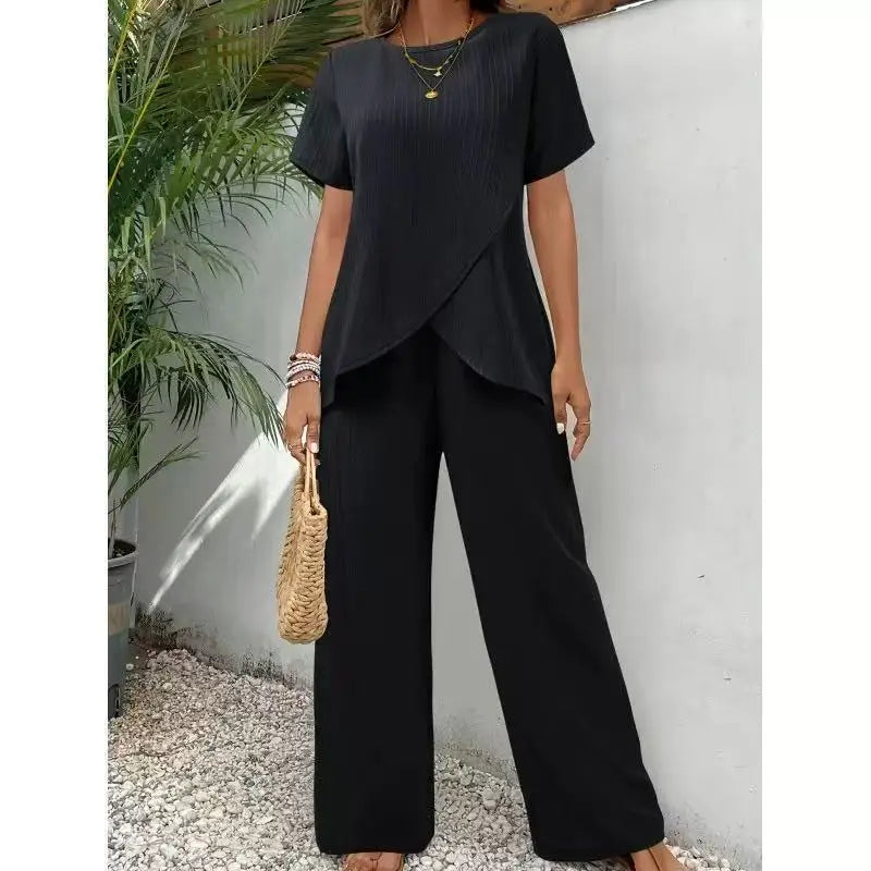 2 Pieces Women Sets Summer Short-Sleeved Irregular Round-Neck Loose