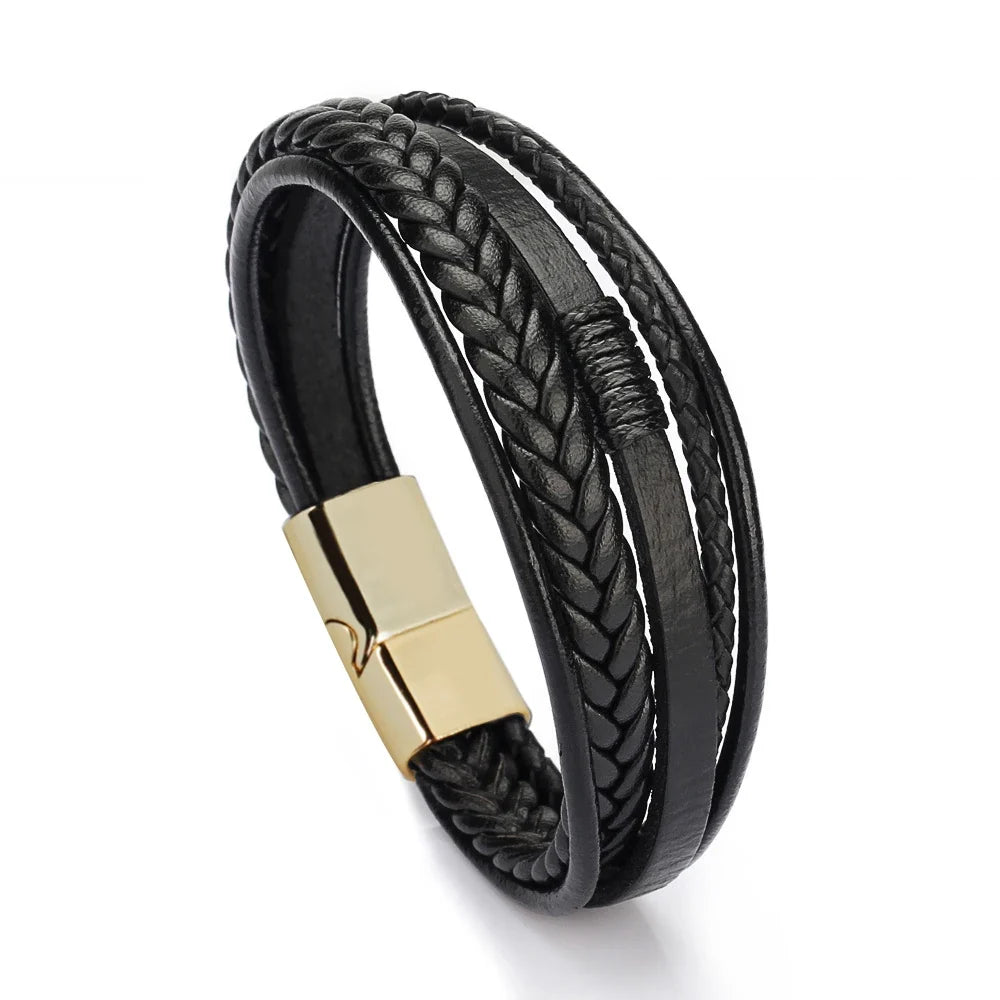 Trendy  Leather Bracelets Men Stainless Steel Multilayer Braided Rope Bracelets For Male Bracelets Jewelry Pulsera Hombre