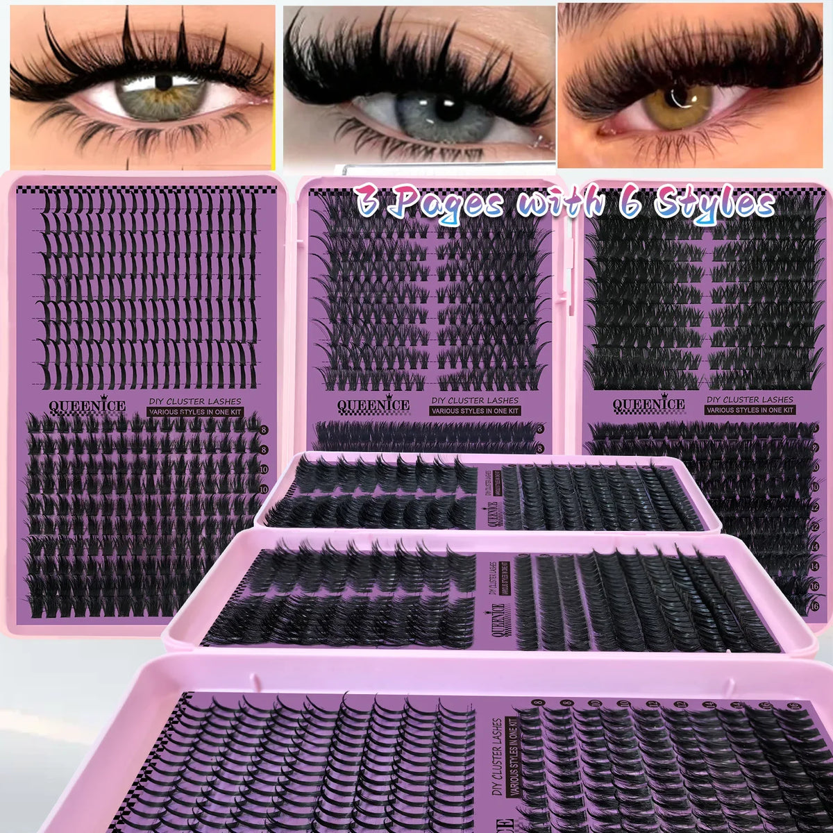 QUEENICE Three Fold Updated New DIY False Eyelash Extension 6 Mixed Styles Fluffy Voluminous Cat eye Spiky lash extensions