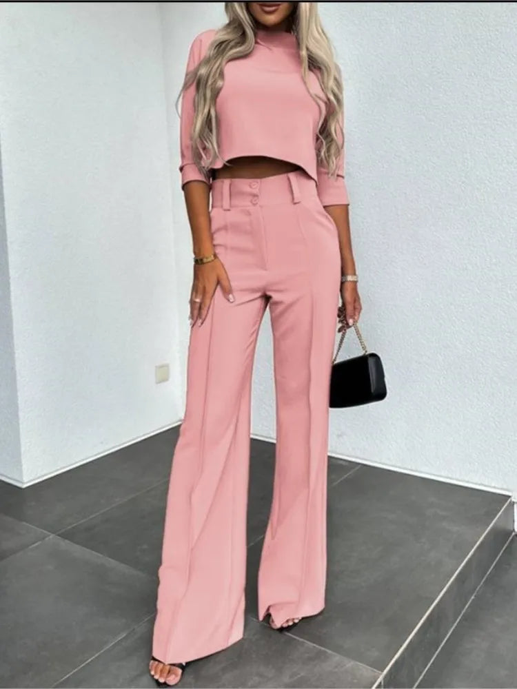 Casual Long Sleeve Shirt Pants Set Office Lady Spring Autumn Fashion