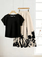 Summer Women's Plus Size Fashionable Loose Black Simple Top, Plant Printed Half Skirt Two-Piece Set, Large Swing Skirt Set