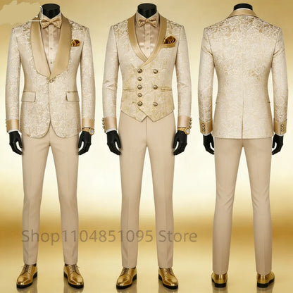Champagne Jacquard 3-Piece Men's Formal Smoking Suit with Shaw Lapel