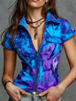 Women's Fashion Sexy Imitation Denim Print Short Sleeve Shirt with Real Pockets, Print Design, No Texture