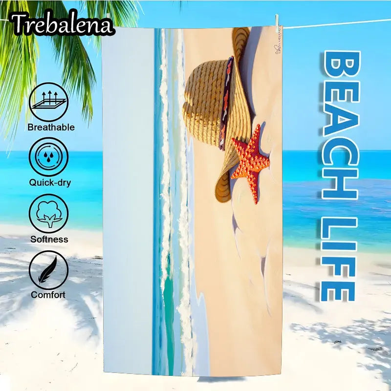 30*60inch Ultra-Soft Beach Towel with Beach Towel with Starfish and Straw Hat Print