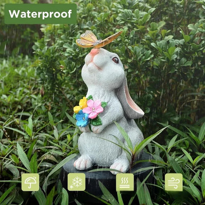 Solar Bunny Statue Garden Decor with Butterfly LED Light Resin Animal Sculpture Figurine Outdoor Decoration for Garden Courtyard